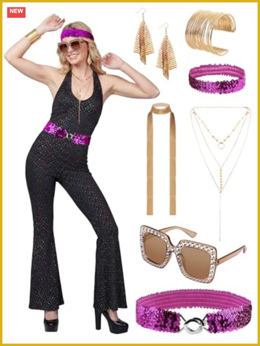 70s Disco Jumpsuit Costume with Accessories